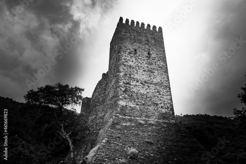 black and white of the medieval castle of Arouce, serra da Lousa, Portugal photo