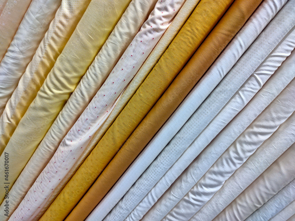 Colored Cloth fabrics close up in Shop, Materials for sewing, display at a local market in India