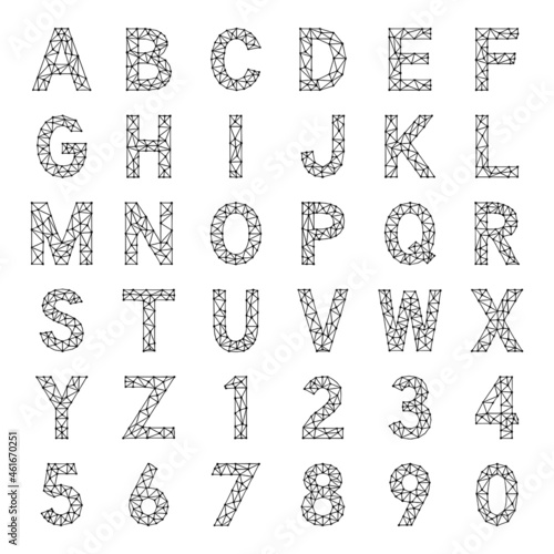 Set of polygonal letters and numbers, vector clip art.