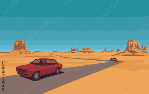 Hot summer landscape with deserted valley, mountains, road and passing cars. Western scenic illustration in retro style. Decorative vector background, Wild West prairie