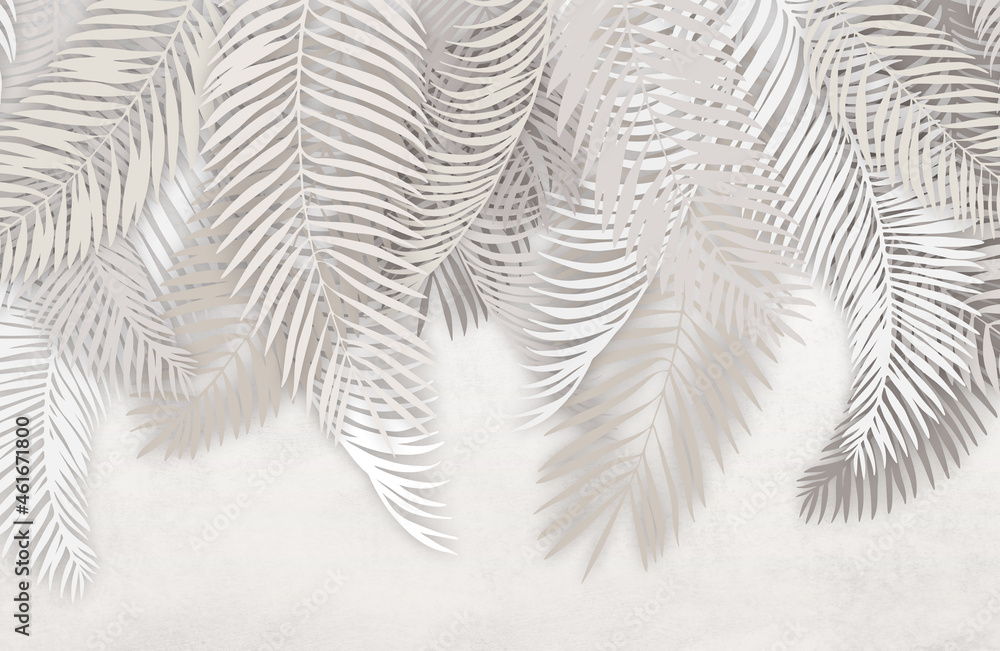 Palm leaves. Image for printing photo wallpapers. Composition of palm leaves in gray.