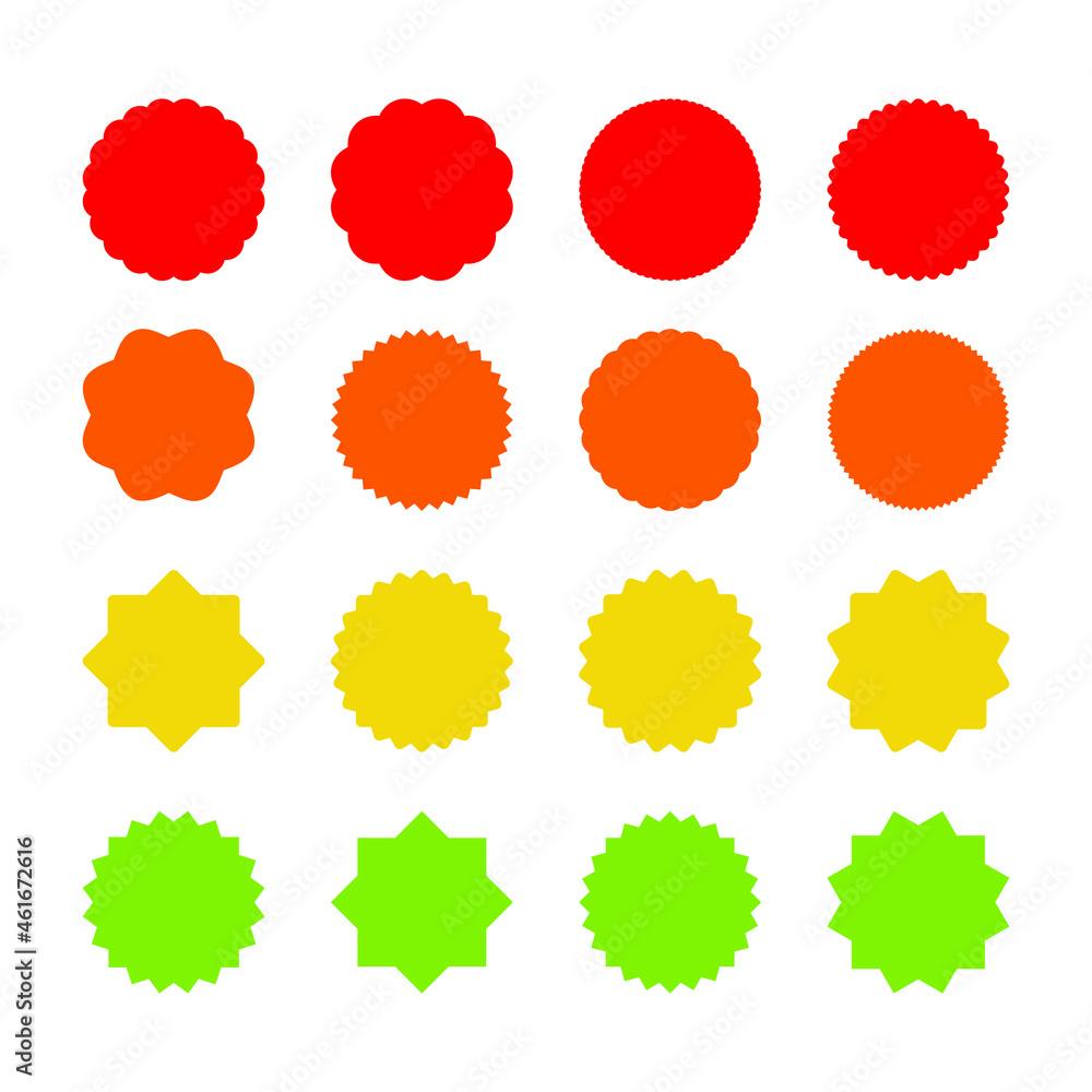 A set of sixteen different starburst sunburst icons in four bright colors on a white background, an empty sign with an inscription, vector graphics
