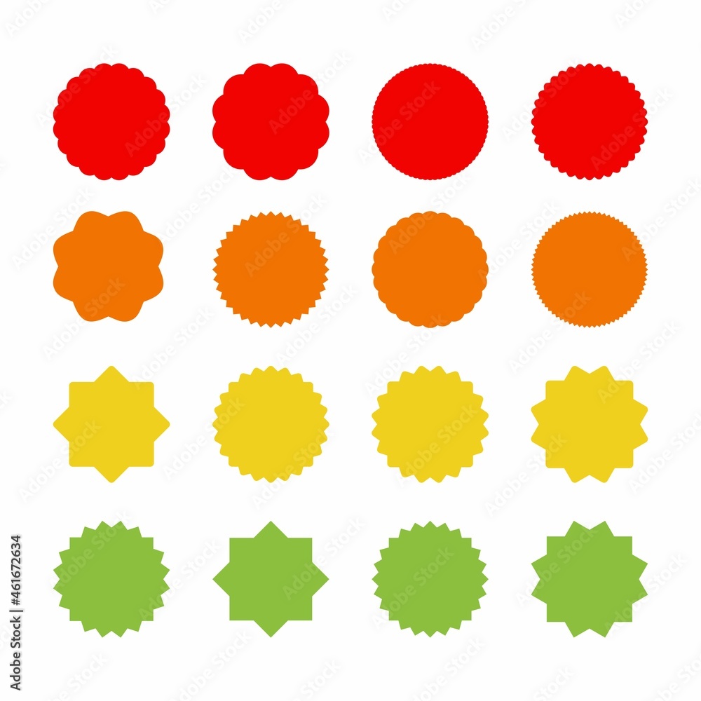 A set of sixteen different starburst sunburst icons in four bright colors on a white background, an empty sign with an inscription, vector graphics