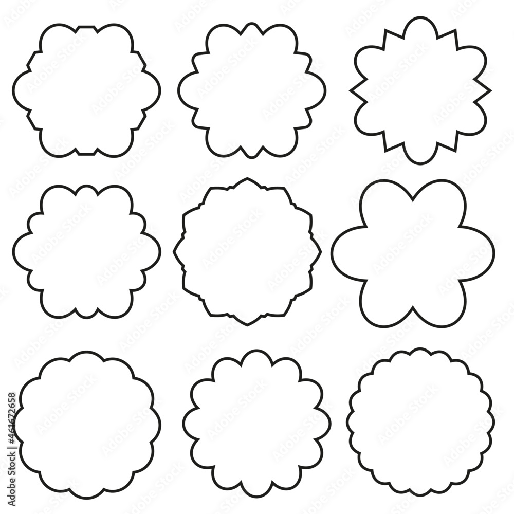 A set of round toothed frames. Simple contour labels, frames and stickers with various frames for use in designs, black contour isolated on a white background, vector A set of round toothed frames. Simple contour labels, frames and stickers with various frames for use in designs, black contour isolated on a white background, vector