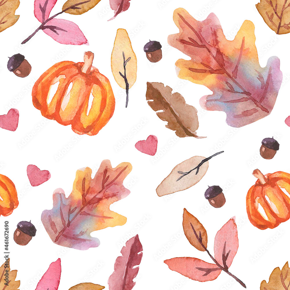 Seamless pattern with autumn leaves, acorns and pumpkin in watercolor. Hand-drawn autumn multicolored leaves. Dry leaves, acorns, heart and pumpkin pattern in watercolor. Halloween packaging. Autumn . Seamless pattern with autumn leaves, acorns and pumpkin in watercolor. Hand-drawn autumn multicolored leaves. Dry leaves, acorns, heart and pumpkin pattern in watercolor. Halloween packaging. Autumn .