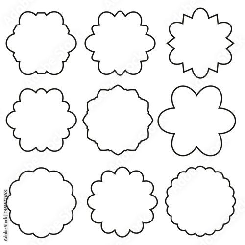 A set of round toothed frames. Simple contour labels, frames and stickers with various frames for use in designs, black contour isolated on a white background, vector