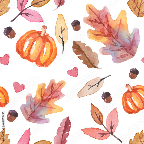 Fototapeta Naklejka Na Ścianę i Meble -  Seamless pattern with autumn leaves, acorns and pumpkin in watercolor. Hand-drawn autumn multicolored leaves. Dry leaves, acorns, heart and pumpkin pattern in watercolor. Halloween packaging. Autumn .
