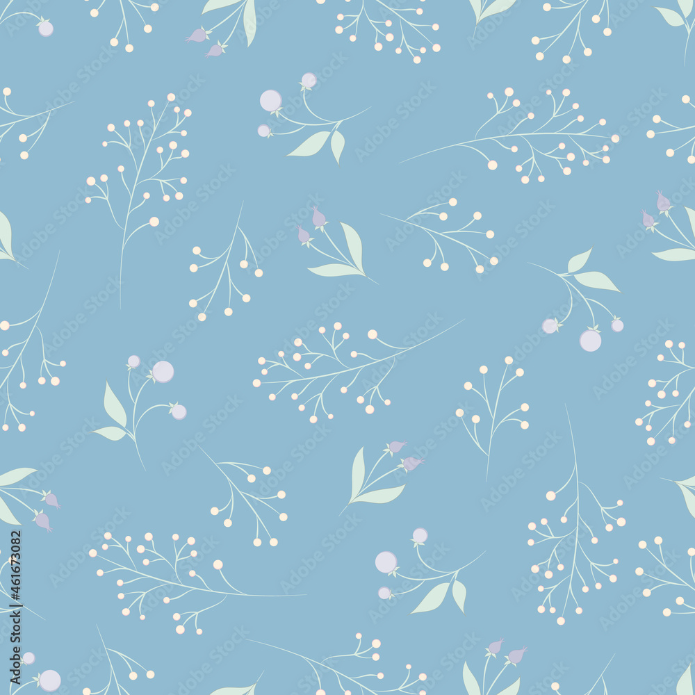 Christmas, New Year, holidays seamless pattern with painted twigs, stars and snowflakes on a blue background. Winter texture for printing, paper, design, fabric, decor, food packaging, backgrounds.