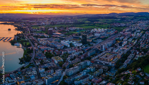 Swiss city at sunset, drone shot