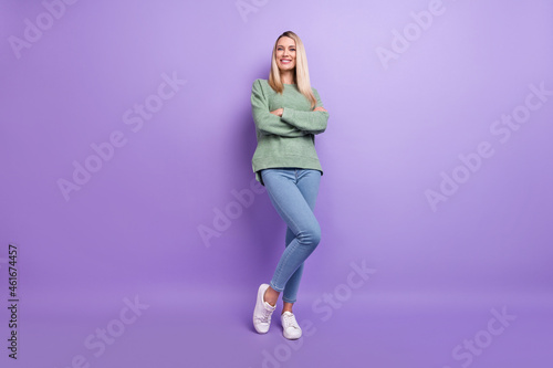 Full body photo of young attractive woman folded hands smart casual outfit isolated over violet color background