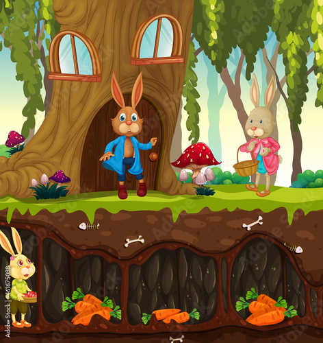 Underground rabbit hole with ground surface of the garden scene