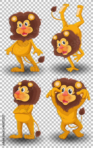 Set of different positions of lion cartoon character isolated on transparent ...