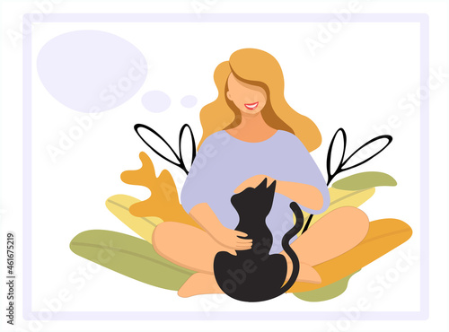 A pregnant red-haired girl stroking a cat against a background of autumn leaves. Young woman relieves stress. Isolated vector template for cat lovers club or expectant mothers site. Cartoon flat style