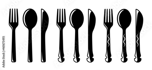 Vintage tableware icon set with forks, spoons, knifes design. Isolated table utensil icon with reflection on white background to use in restaurant, menu, food flyer design, advertising projects.
