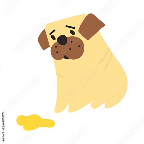 Little dog confused and looking at piss spot. Vector illustration on white background.