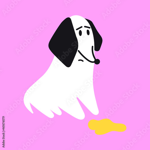 Dachshund looking at wet yellow spot. Vector illustration on pink background.