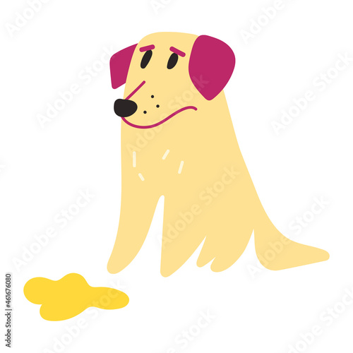 Golden Retriever doing piss spot at home. Bad behavior. Vector illustration on white background.