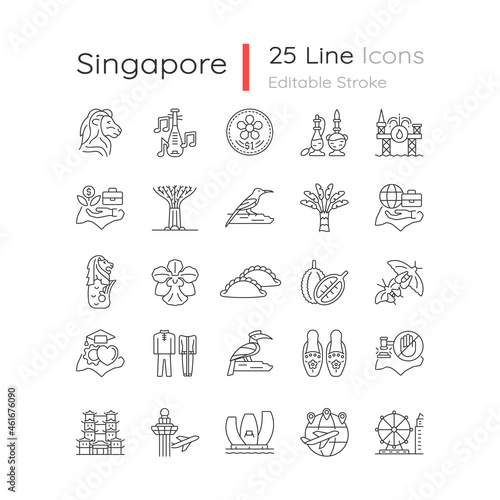 Singapore national symbols linear icons set. Tourist attractions. Living in Singapore. Flora and fauna. Customizable thin line contour symbols. Isolated vector outline illustrations. Editable stroke