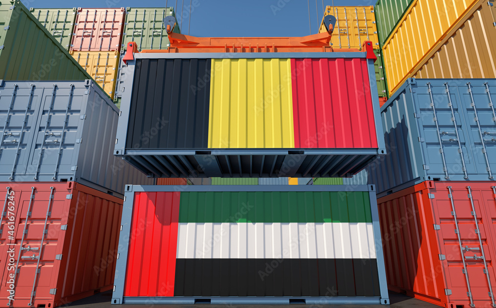 Fototapeta premium Freight containers with United Arab Emirates and Belgium national flags. 3D Rendering 