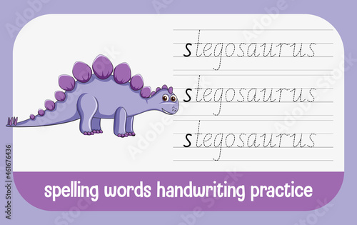 Spelling words dinosaur handwriting practice worksheet