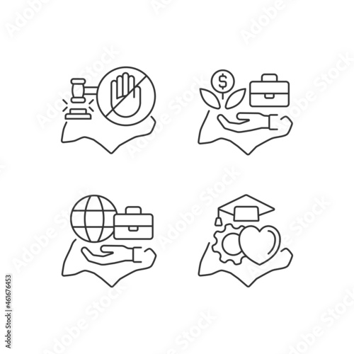 Living in Singapore linear icons set. Legal system. Pro-business environment. High human capital rate. Customizable thin line contour symbols. Isolated vector outline illustrations. Editable stroke