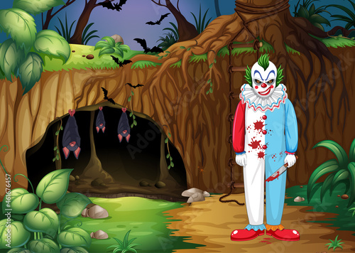 Dark forest scene with creepy clown cartoon character