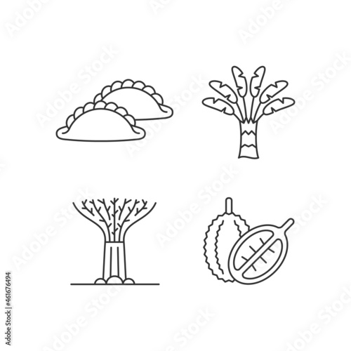 Plants in Singapore linear icons set. Traveller palm. Supertree grove. Curry puff. Singaporean cuisine. Customizable thin line contour symbols. Isolated vector outline illustrations. Editable stroke