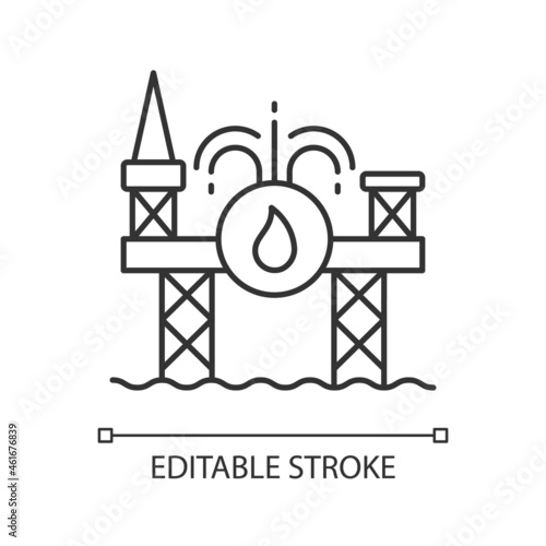 Offshore drilling linear icon. Deep-water energy project. Singaporean shipyard. Energy industry. Thin line customizable illustration. Contour symbol. Vector isolated outline drawing. Editable stroke