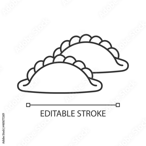 Curry puff linear icon. Street food snack with curried fillings. Singaporean cuisine. Thin line customizable illustration. Contour symbol. Vector isolated outline drawing. Editable stroke