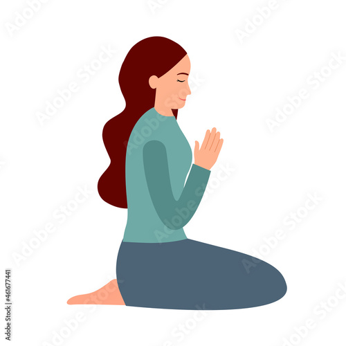 Buddhist woman praying in flat design on white background. Female meditating with relaxation mind.