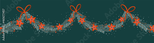 Cute hand drawn Christmas seamless border, festive garland with flowers and branches - great for banners, cards, wallpapers - vector design