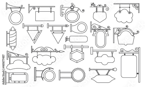 Vector illustration set of vintage and modern, old shop signs. Signage shop sign route hanging information banner retailer. Signboard signage Mockup Template Mounted on the Wall. hanging shops signs.
