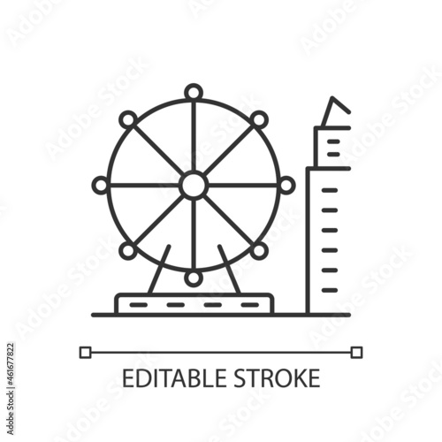Singapore flyer linear icon. Large observation wheel. Amusement ride. Theme park. Ferris wheel. Thin line customizable illustration. Contour symbol. Vector isolated outline drawing. Editable stroke