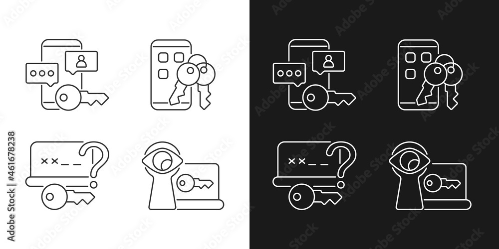 Password protection linear icons set for dark and light mode. Social media safety. Online privacy management. Customizable thin line symbols. Isolated vector outline illustrations. Editable stroke