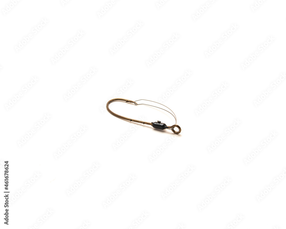 Single stainless weedguard baitholder hook with long shank bronze finish fishing tackle isolated on white Single stainless weedguard baitholder hook with long shank bronze finish fishing tackle isolated on white