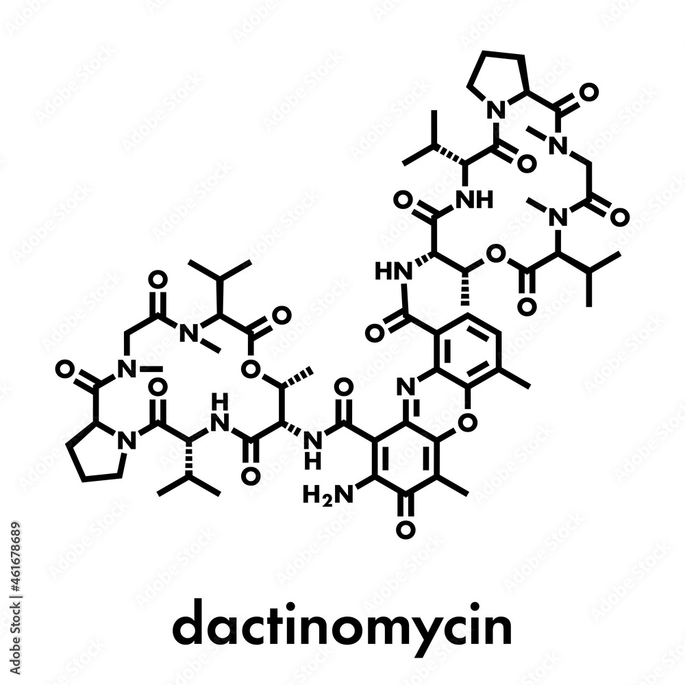 Dactinomycin (actinomycin D) cancer chemotherapy drug molecule. Skeletal formula. Dactinomycin (actinomycin D) cancer chemotherapy drug molecule. Skeletal formula.