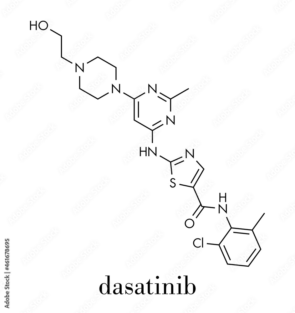 Dasatinib cancer drug molecule. Skeletal formula. Dasatinib cancer drug molecule. Skeletal formula.