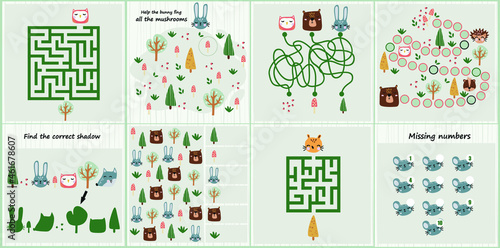 Mini games collections with forest animals  for development. I spy. Maze. Colorful vector illustration in flat style. 