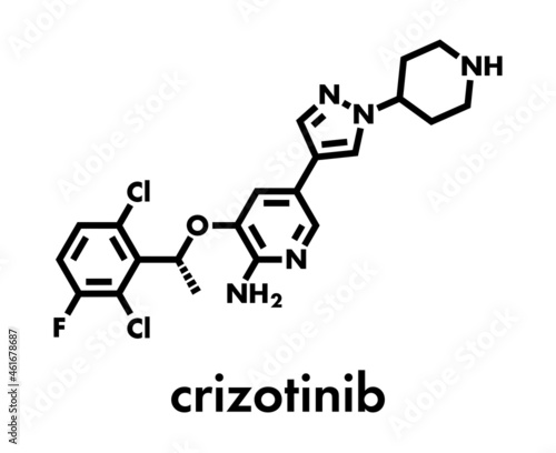 Crizotinib anti-cancer drug molecule. Inhibitor of ALK and ROS1 proteins. Skeletal formula.