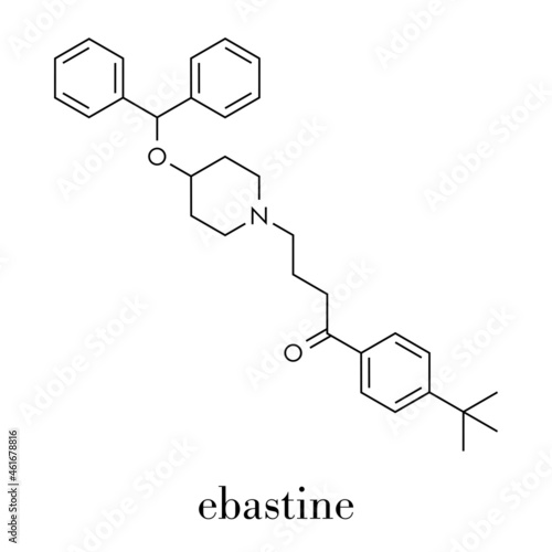 Ebastine antihistamine drug molecule. Skeletal formula.