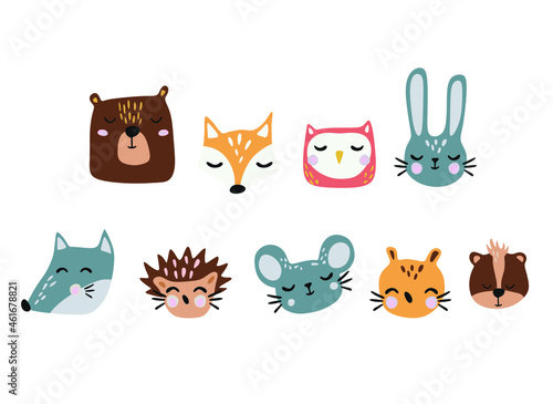 Woodland animals set. Cute fox  bear  wolf  rabbit and birds. Perfect for scrapbooking  cards  poster  tag  sticker kit. 