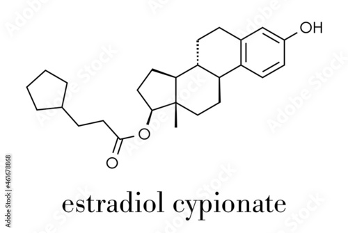 Estradiol cypionate estrogen prohormone molecule. Long-acting, intramuscular injectable prodrug of estradiol. Skeletal formula.