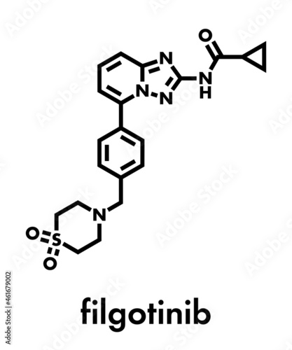 Filgotinib anti-inflammatory drug molecule. Janus kinase 1 inhibitor used in treatment of rheumatoid arthritis and Crohn's disease. Skeletal formula.