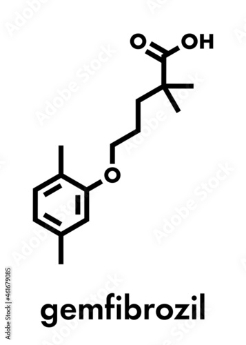 Gemfibrozil hyperlipidemia drug molecule  fibrate class . Skeletal formula.