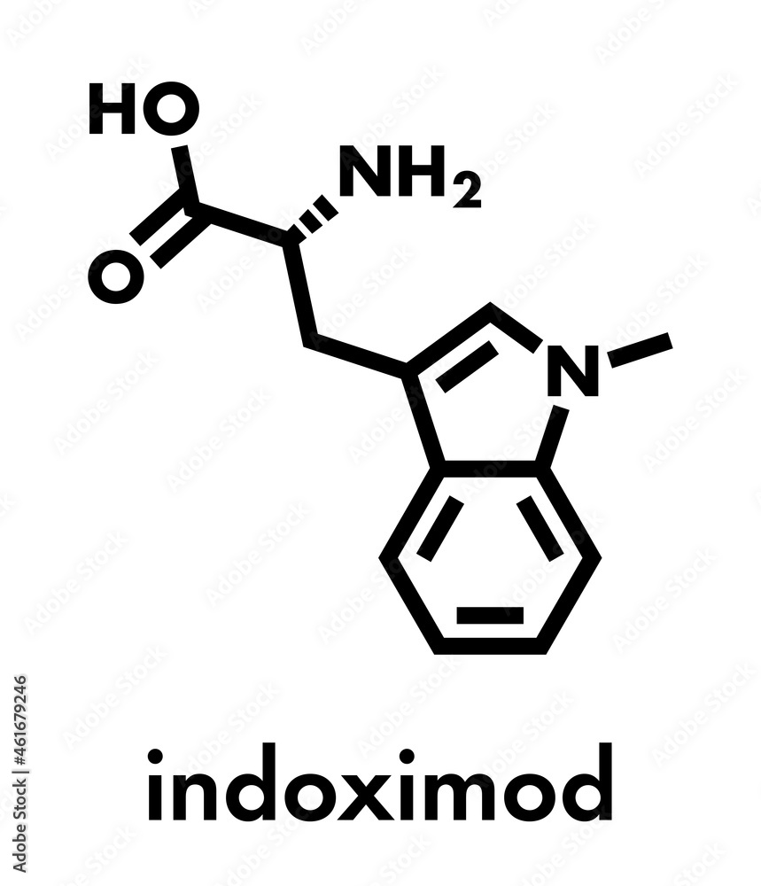 Indoximod cancer drug molecule (IDO or indoleamine 2,3-dioxygenase inhibitor). Skeletal formula. Indoximod cancer drug molecule (IDO or indoleamine 2,3-dioxygenase inhibitor). Skeletal formula.