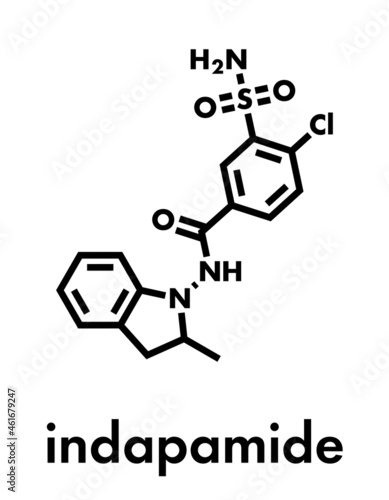 Indapamide hypertension drug molecule (diuretic). Skeletal formula.