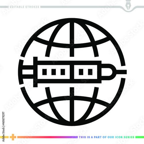 Editable line icon of world vaccination as a customizable black stroke eps vector graphic.