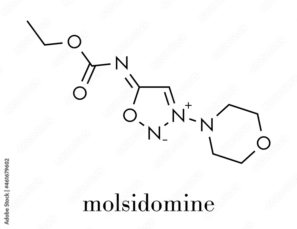Molsidomine angina drug molecule. Skeletal formula. Molsidomine angina drug molecule. Skeletal formula.