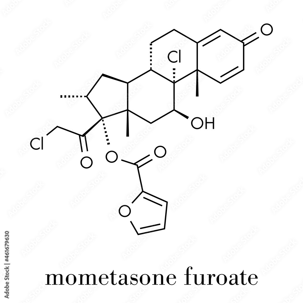 Mometasone furoate steroid drug molecule. Prodrug of mometasone. Skeletal formula.
