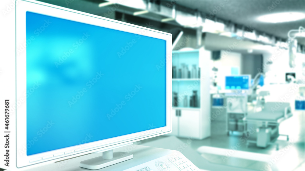 blue screen monitor with empty space - medical healing mockup - creative object 3D illustration blue screen monitor with empty space - medical healing mockup - creative object 3D illustration